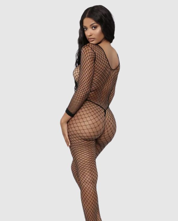 Model wearing Jordyn Full Body Fishnet Stocking back view