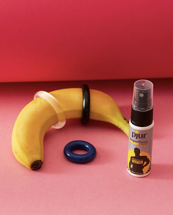 jelly cock rings on a banana and pjur performance spray